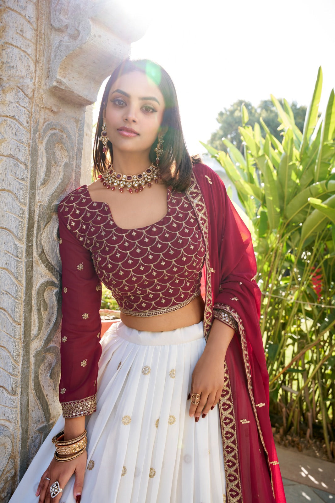 Spectacular White Georgette Sequins Thread Worked Lehenga Choli - Ethnicwish