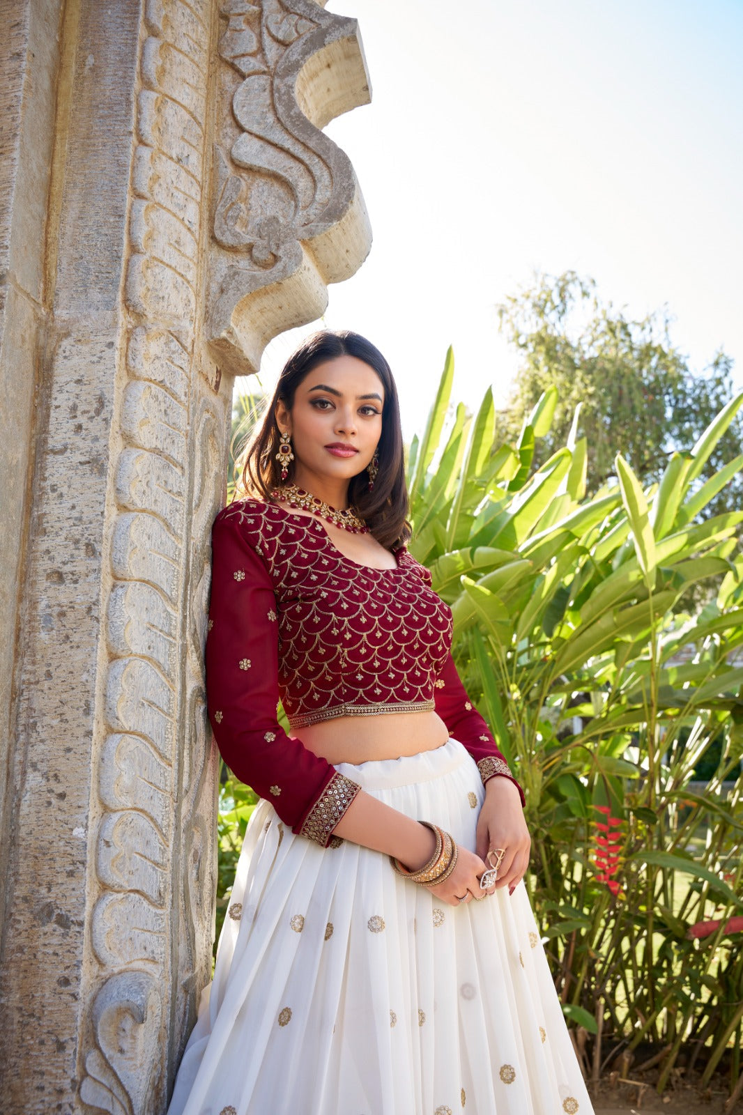 Spectacular White Georgette Sequins Thread Worked Lehenga Choli - Ethnicwish