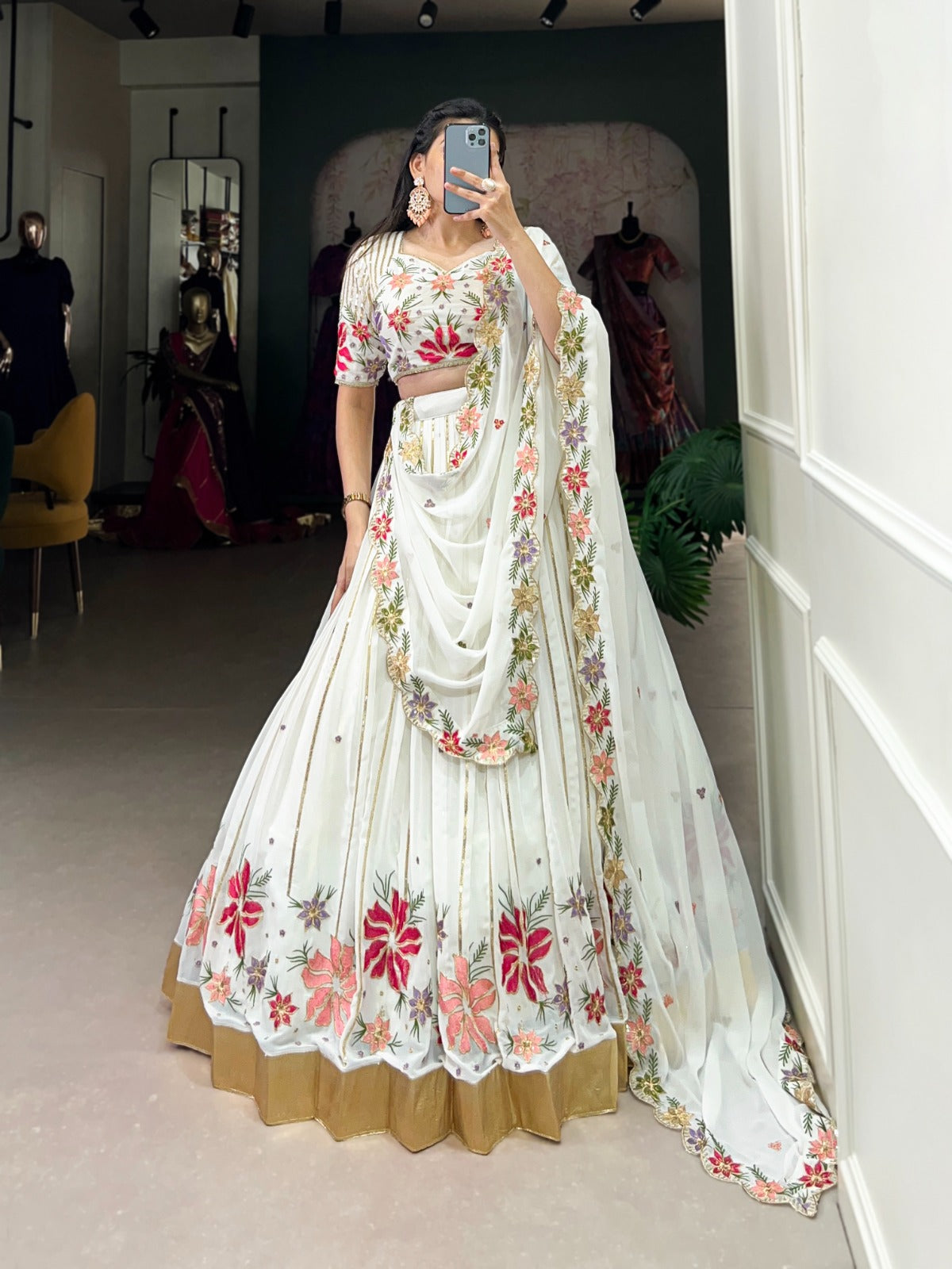 Radiant White Georgette Sequins Thread Worked Lehenga Choli - Ethnicwish