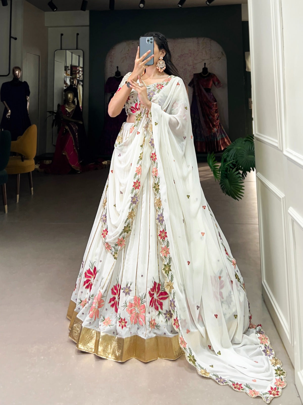 Radiant White Georgette Sequins Thread Worked Lehenga Choli - Ethnicwish
