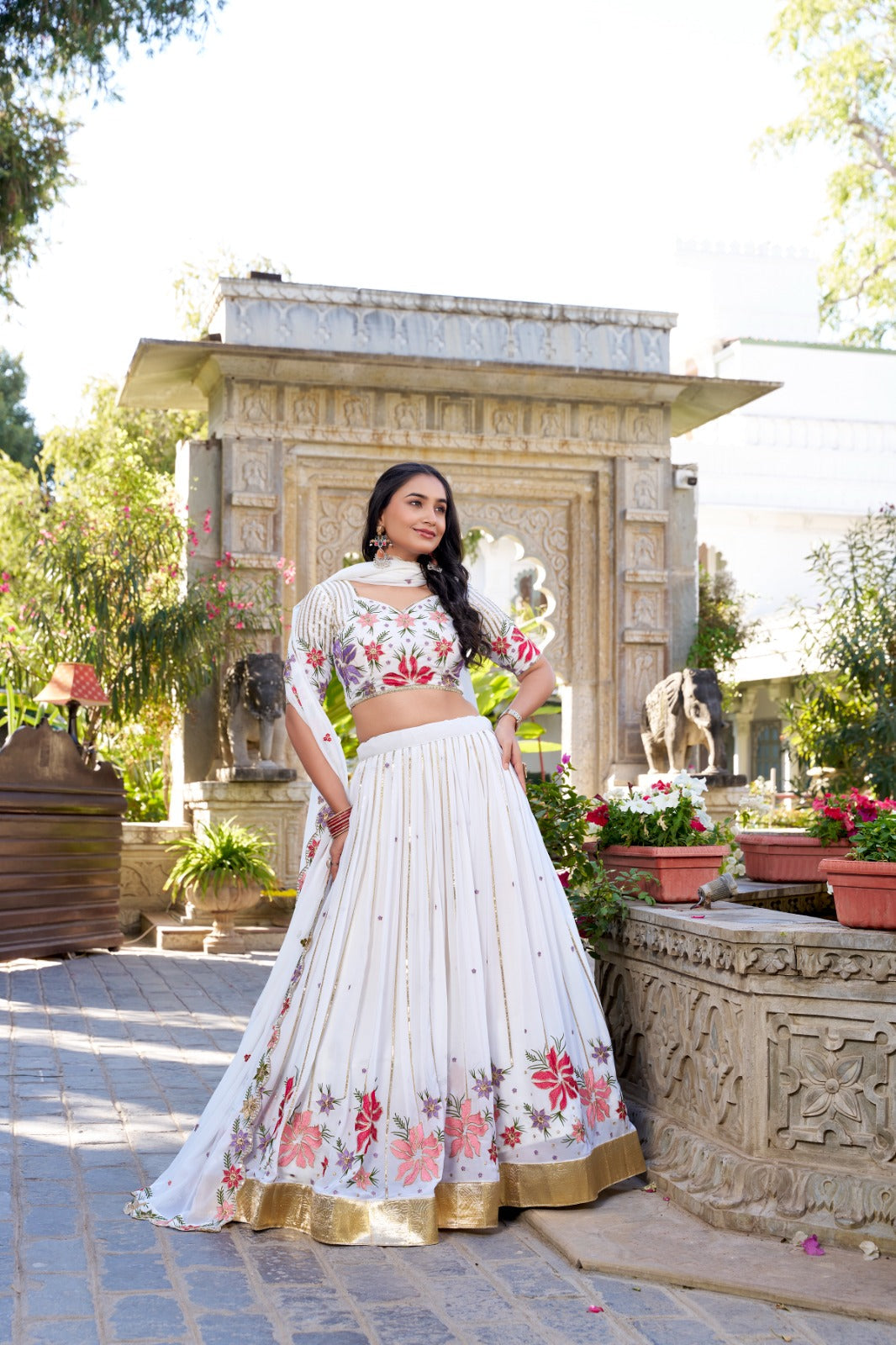 Radiant White Georgette Sequins Thread Worked Lehenga Choli - Ethnicwish