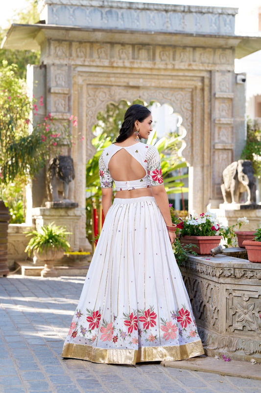 Radiant White Georgette Sequins Thread Worked Lehenga Choli - Ethnicwish