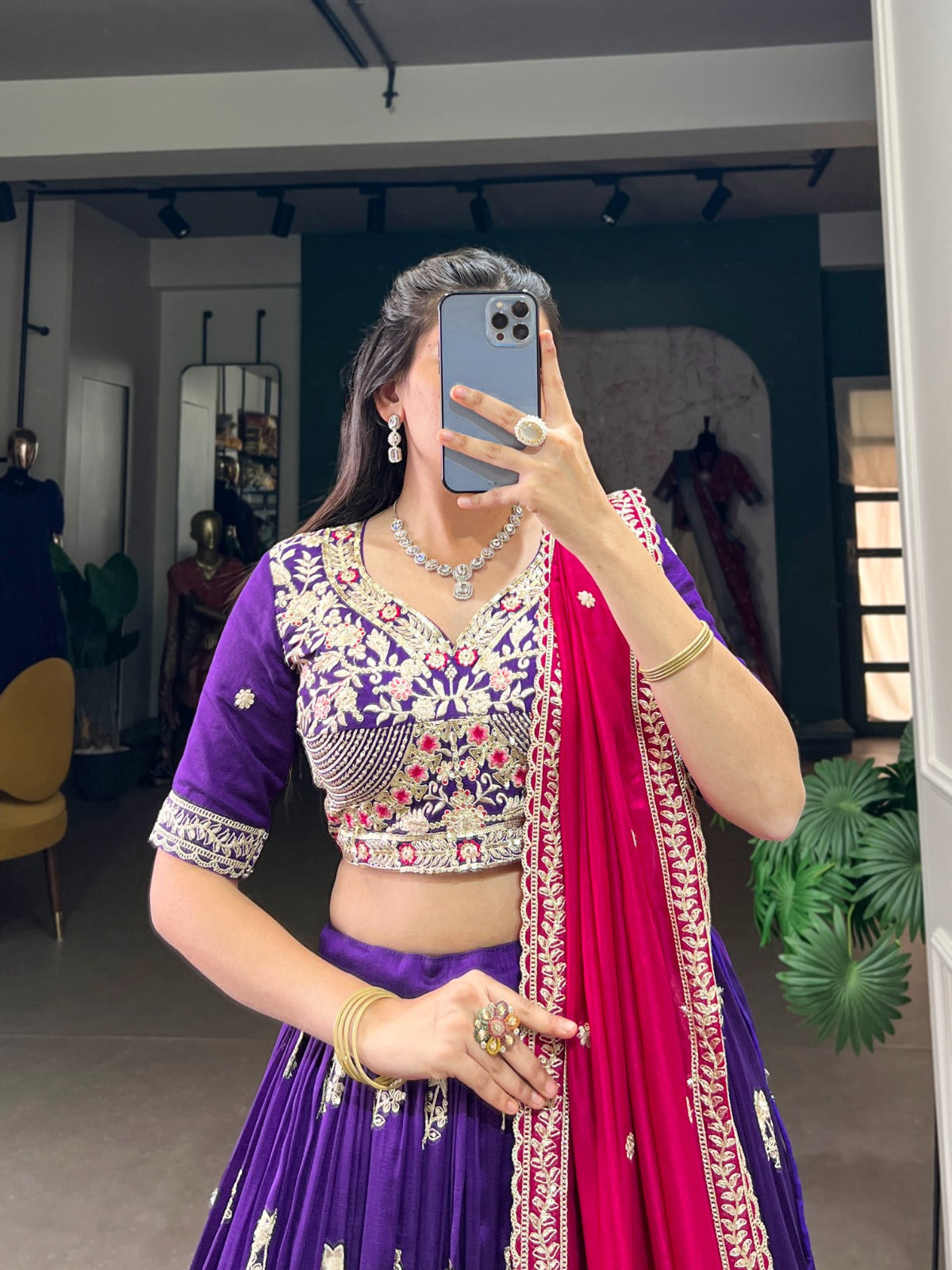 Graceful Purple Vichitra Silk Sequins Thread Worked Lehenga Choli - Ethnicwish