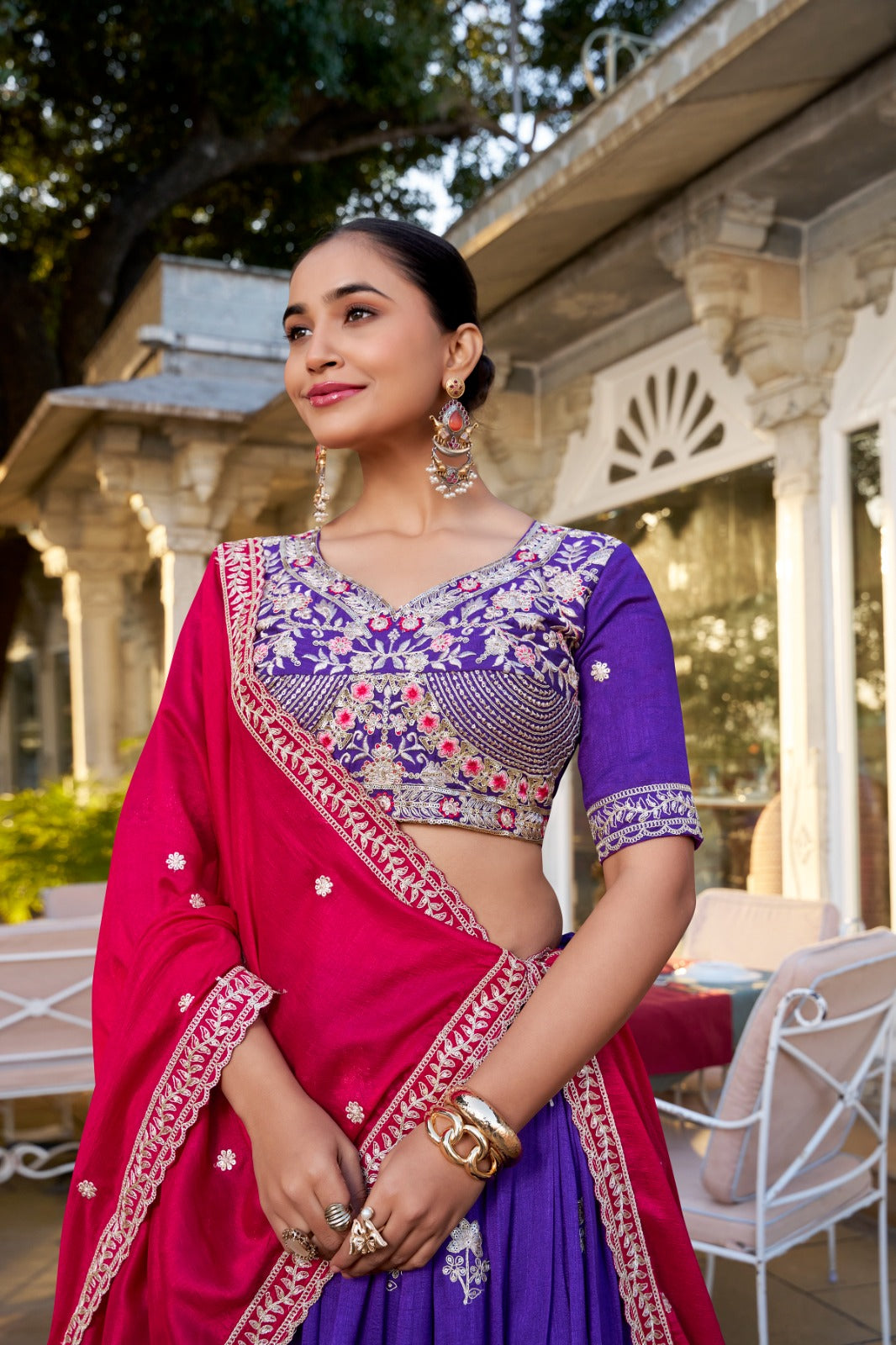 Graceful Purple Vichitra Silk Sequins Thread Worked Lehenga Choli - Ethnicwish