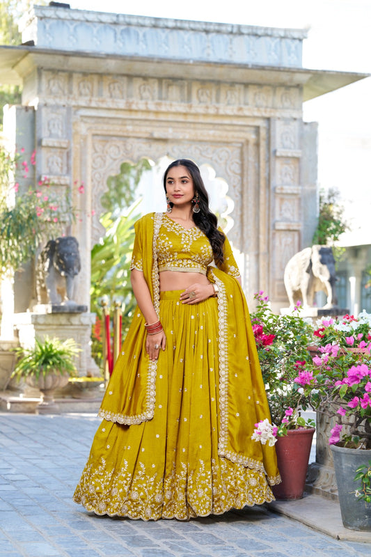 Stylish Mustard Yellow Vichitra Silk Sequins Thread Worked Lehenga Choli - Ethnicwish