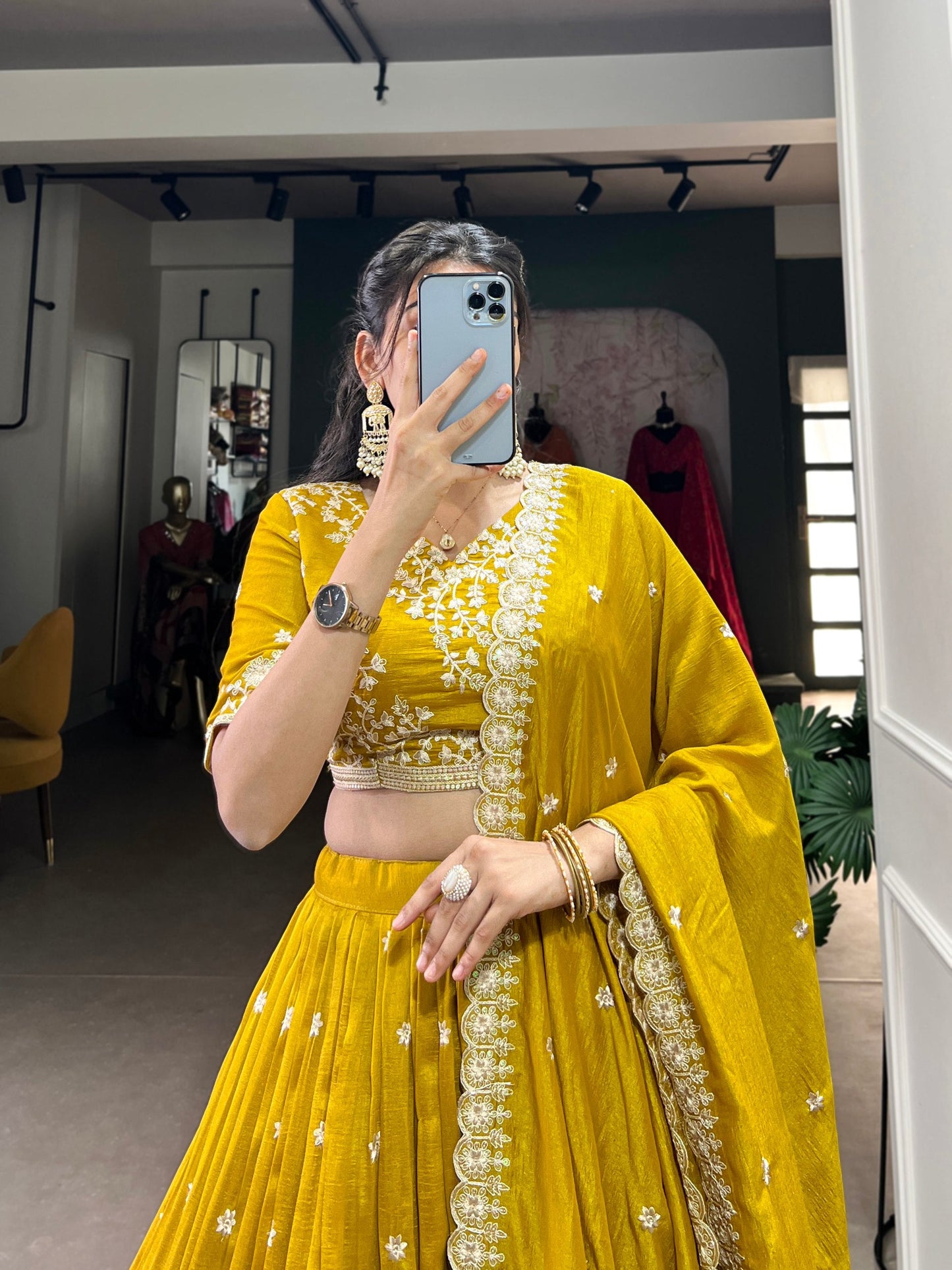 Stylish Mustard Yellow Vichitra Silk Sequins Thread Worked Lehenga Choli - Ethnicwish