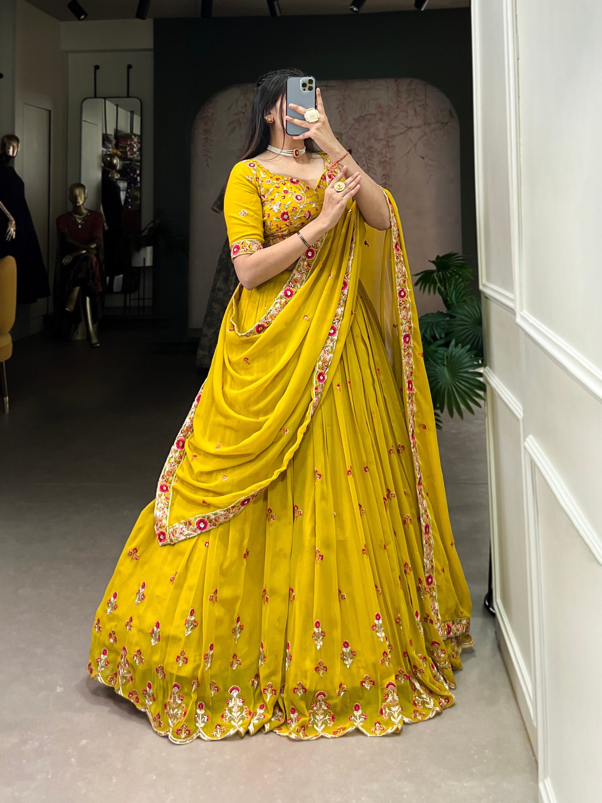 Graceful Yellow Georgette Sequins Thread Worked Lehenga Choli - Ethnicwish