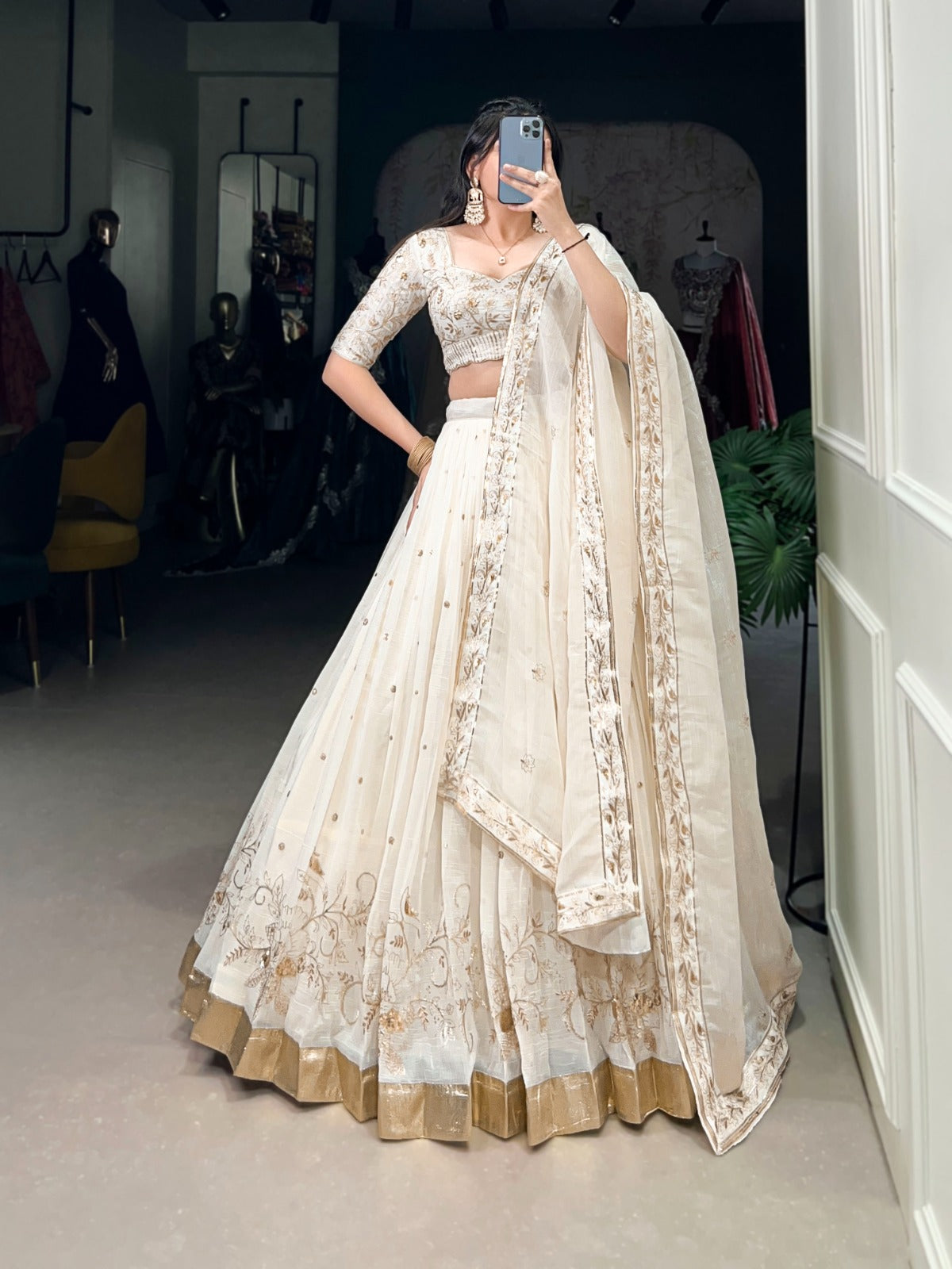 Off White Silver Glossy Sequins Embroidered Lehenga Choli