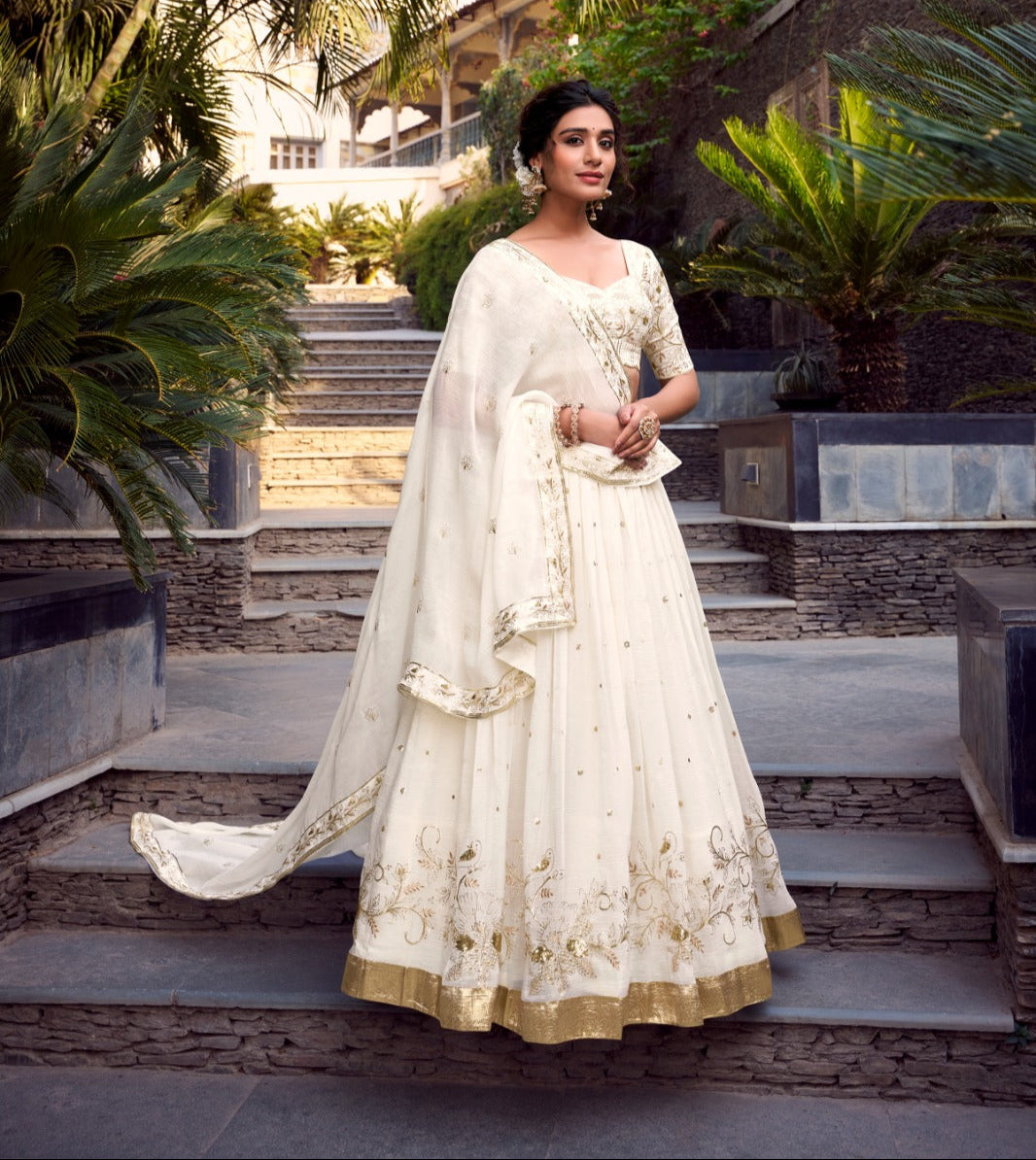 Off White Silver Glossy Sequins Embroidered Lehenga Choli