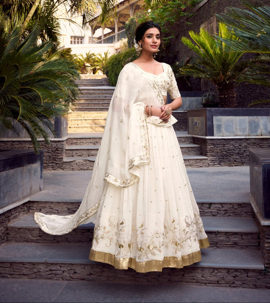 Off White Silver Glossy Sequins Embroidered Lehenga Choli