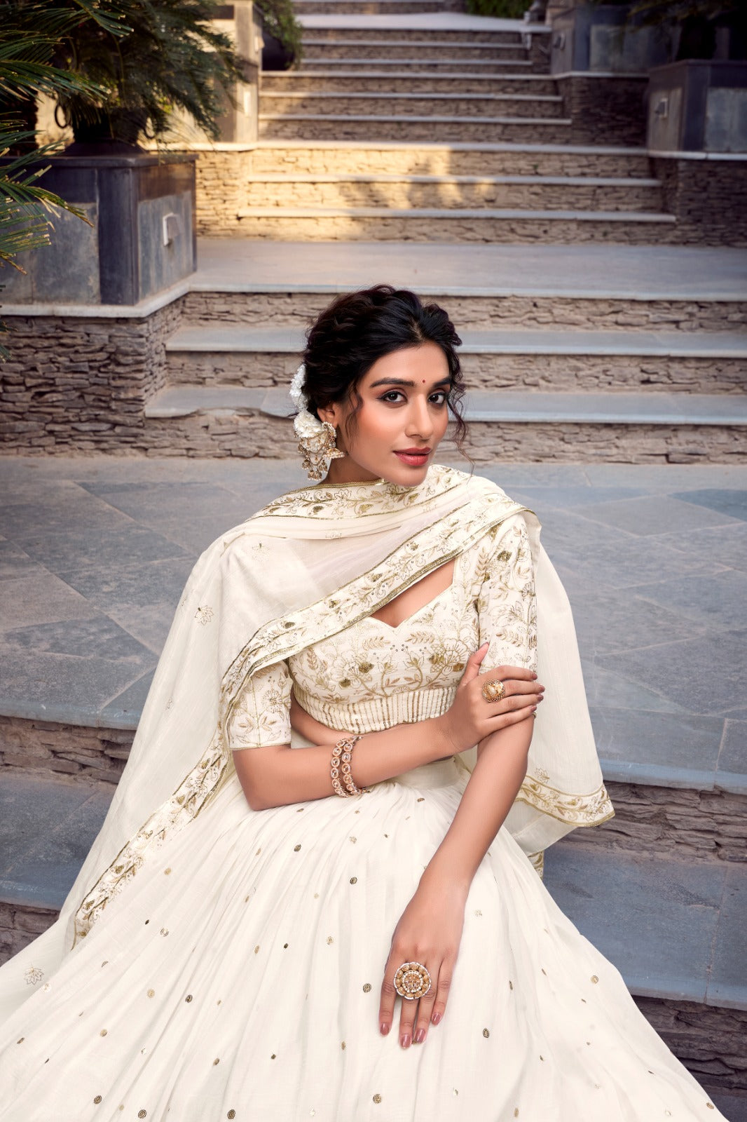 Off White Silver Glossy Sequins Embroidered Lehenga Choli
