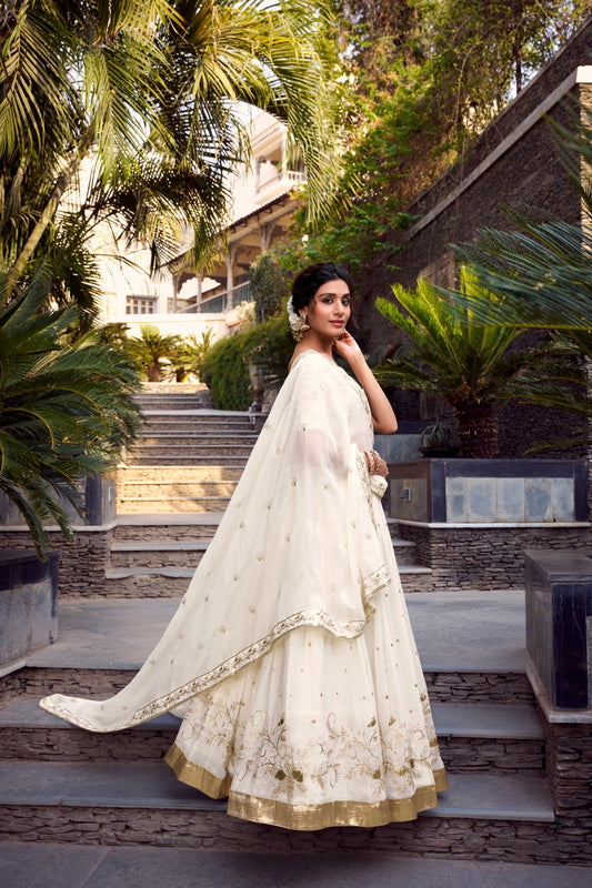Off White Silver Glossy Sequins Embroidered Lehenga Choli