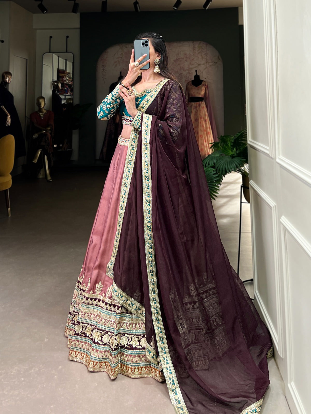 Elegant Moonga Silk Sequins Thread Worked Lehenga Choli - Ethnicwish