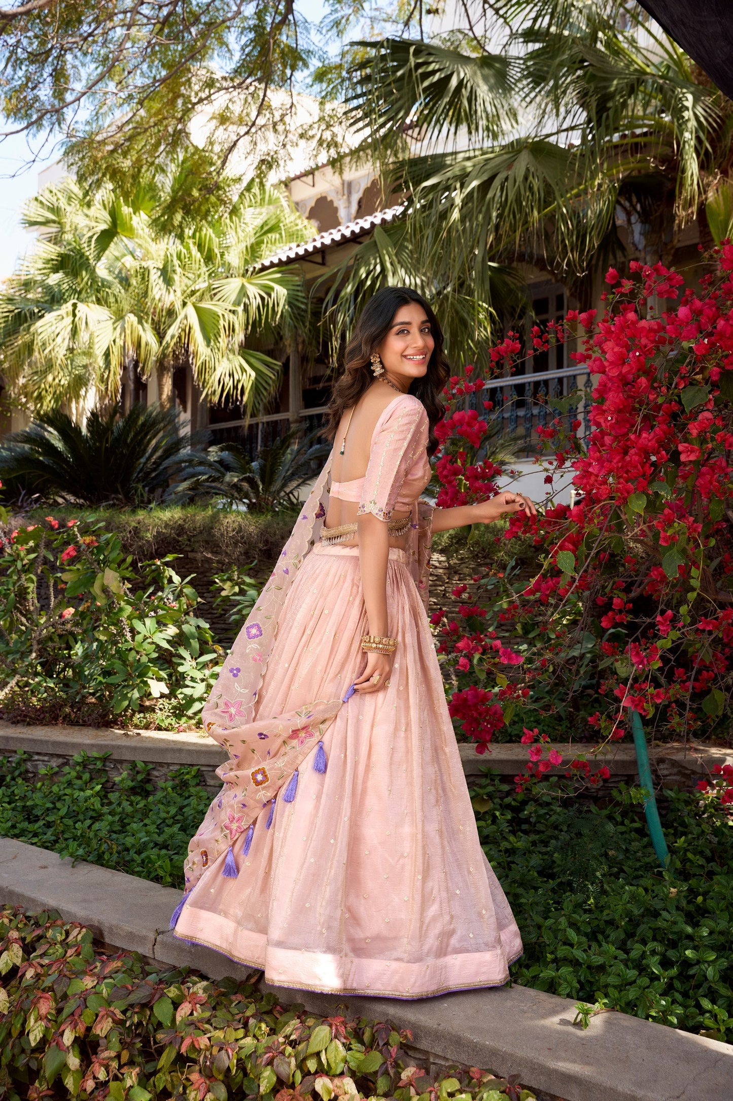 Breathtaking Light Peach Gold Crush Sequins Thread Worked Lehenga Choli