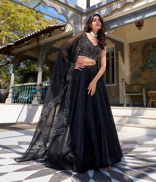 Spellbinding Satin Pearl Cording Sequins Worked Lehenga Set