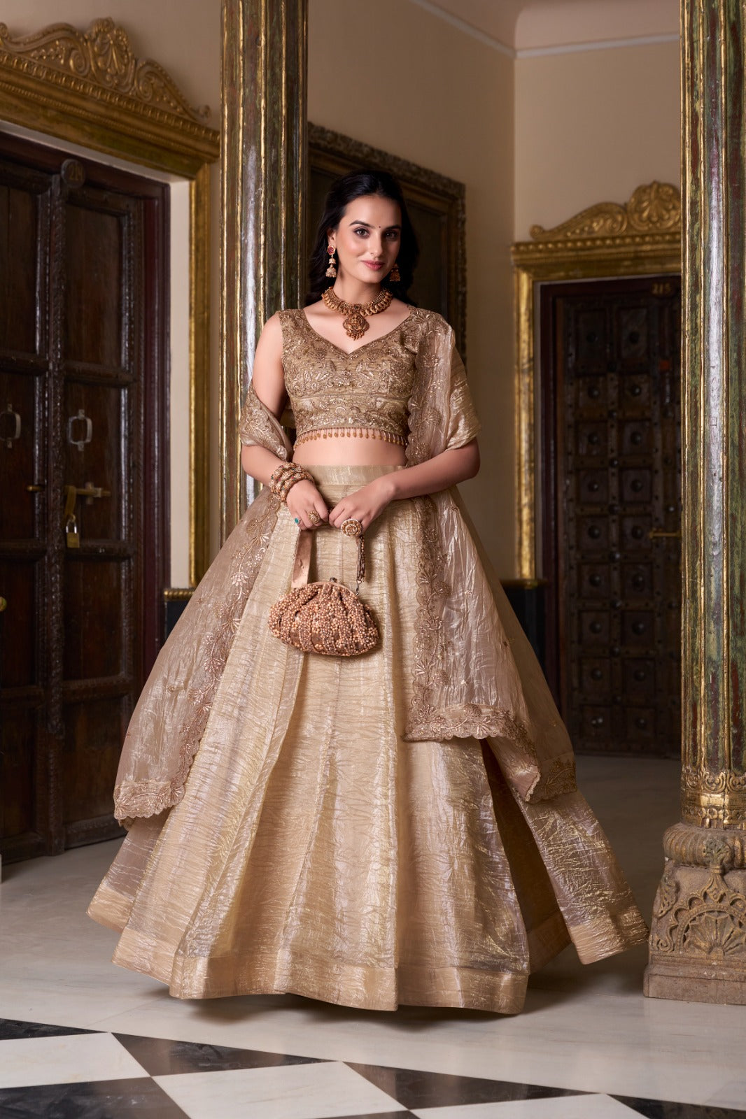 Attractive Chikoo Gold Crush Sequins Thread Worked Lehenga Choli