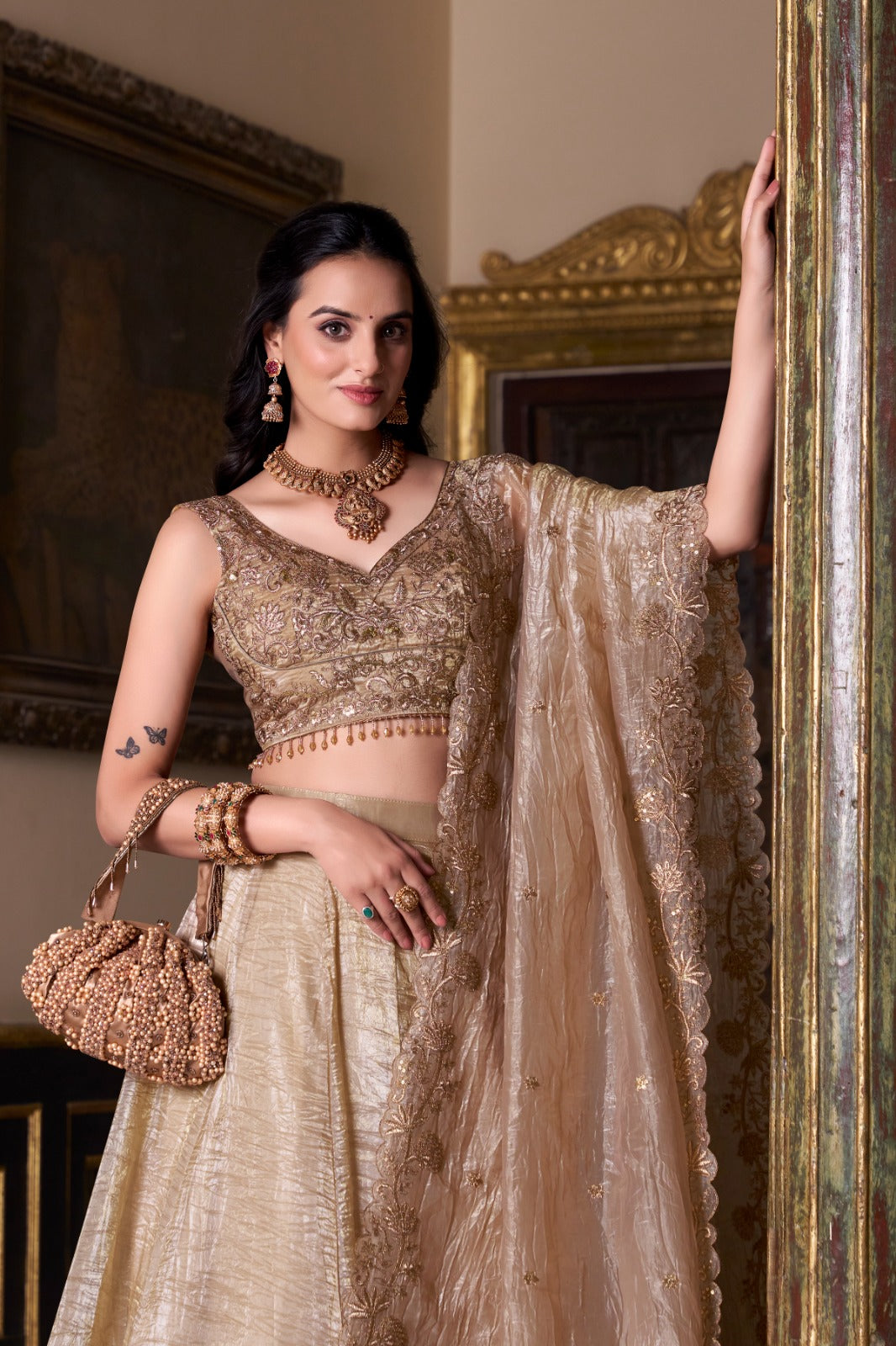 Attractive Chikoo Gold Crush Sequins Thread Worked Lehenga Choli