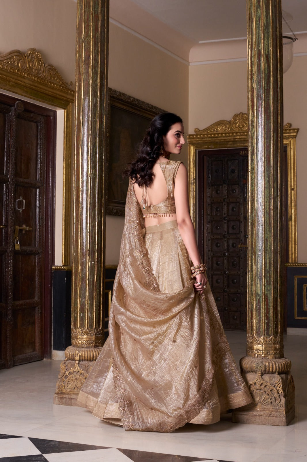 Attractive Chikoo Gold Crush Sequins Thread Worked Lehenga Choli