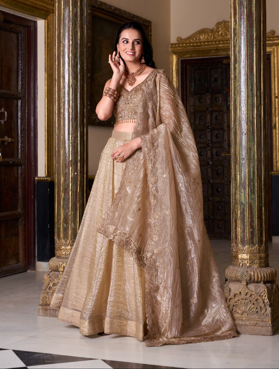 Attractive Chikoo Gold Crush Sequins Thread Worked Lehenga Choli