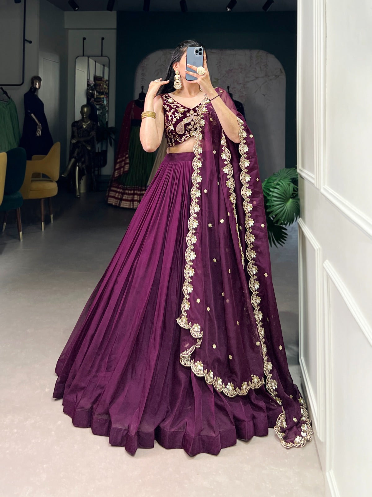 Mesmerizing Wine Organza Sequins Thread Worked Lehenga Choli