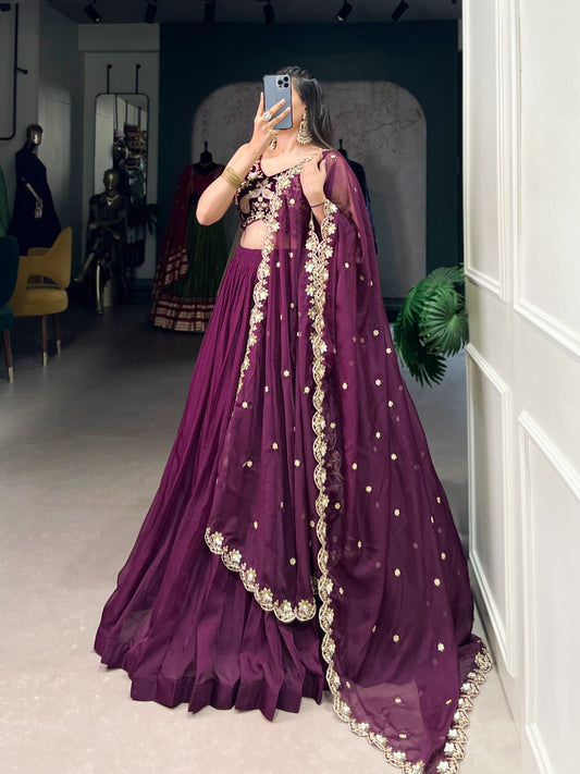 Mesmerizing Wine Organza Sequins Thread Worked Lehenga Choli