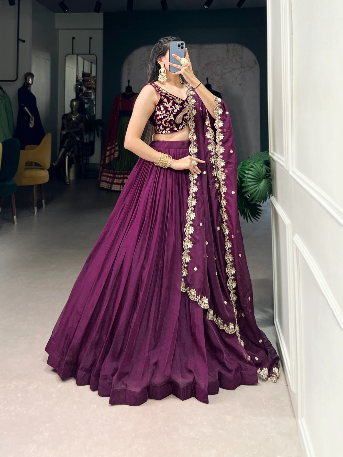 Mesmerizing Wine Organza Sequins Thread Worked Lehenga Choli