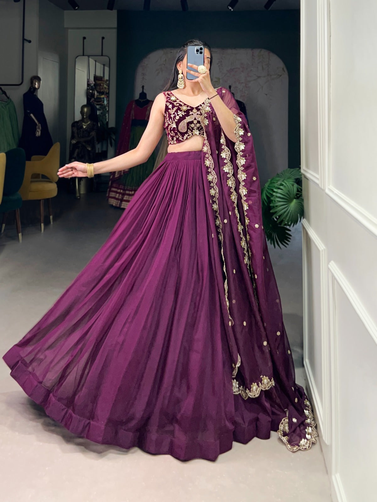 Mesmerizing Wine Organza Sequins Thread Worked Lehenga Choli