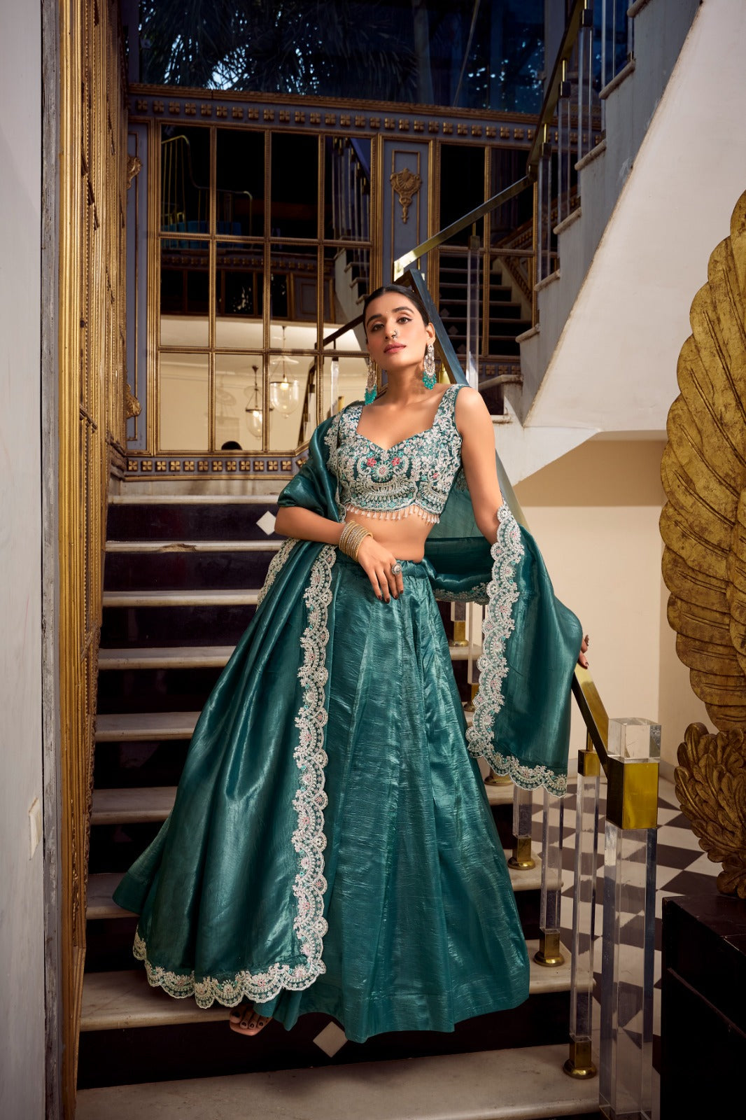 Magnificent Gold Crush Sequins Thread Diamond Worked Lehenga Choli