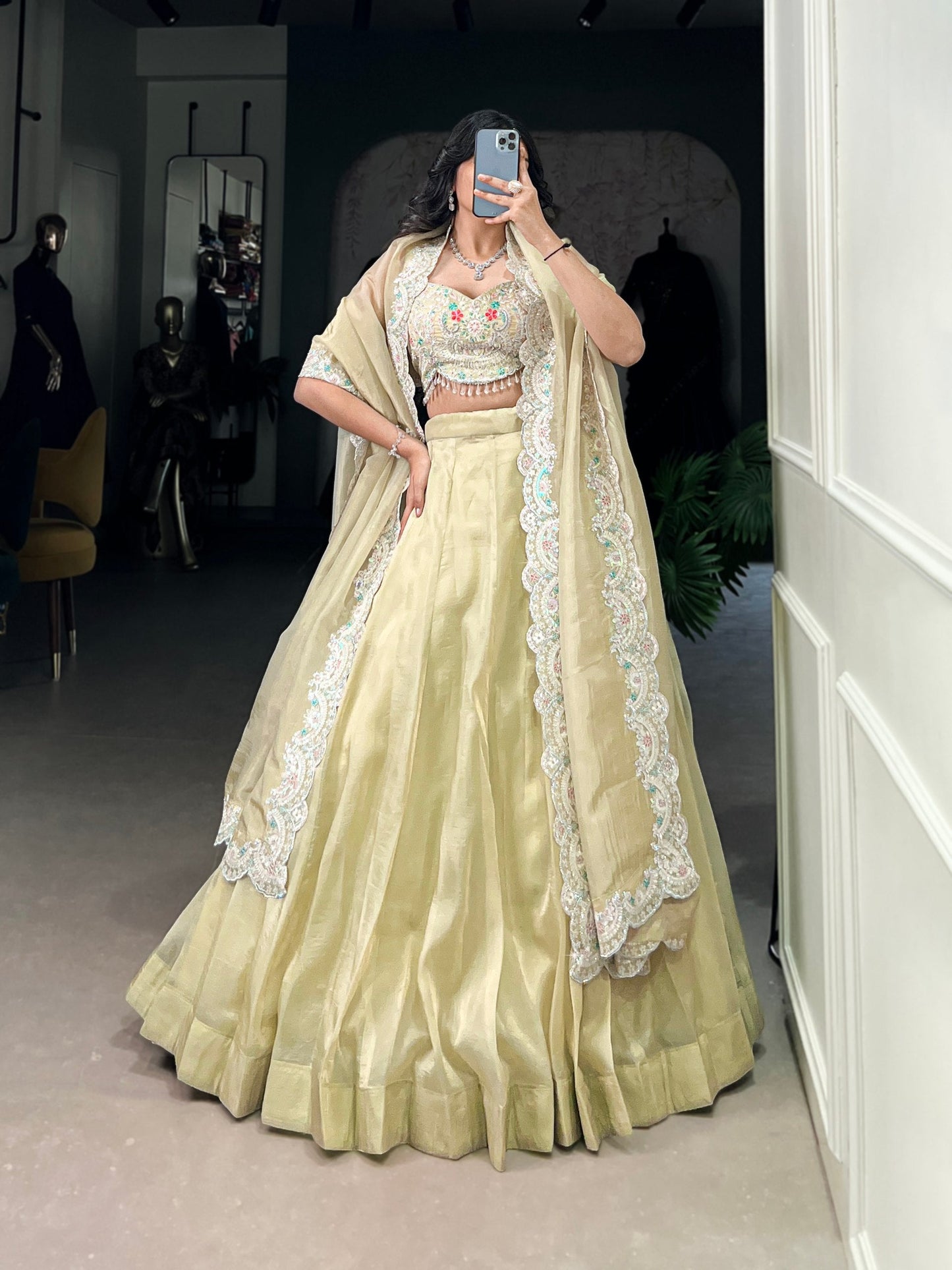 Magnificent Gold Crush Sequins Thread Diamond Worked Lehenga Choli
