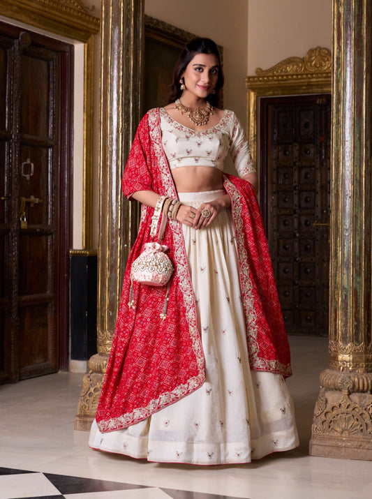 Off White Vichitra Silk Thread Sequins Worked Lehenga Choli