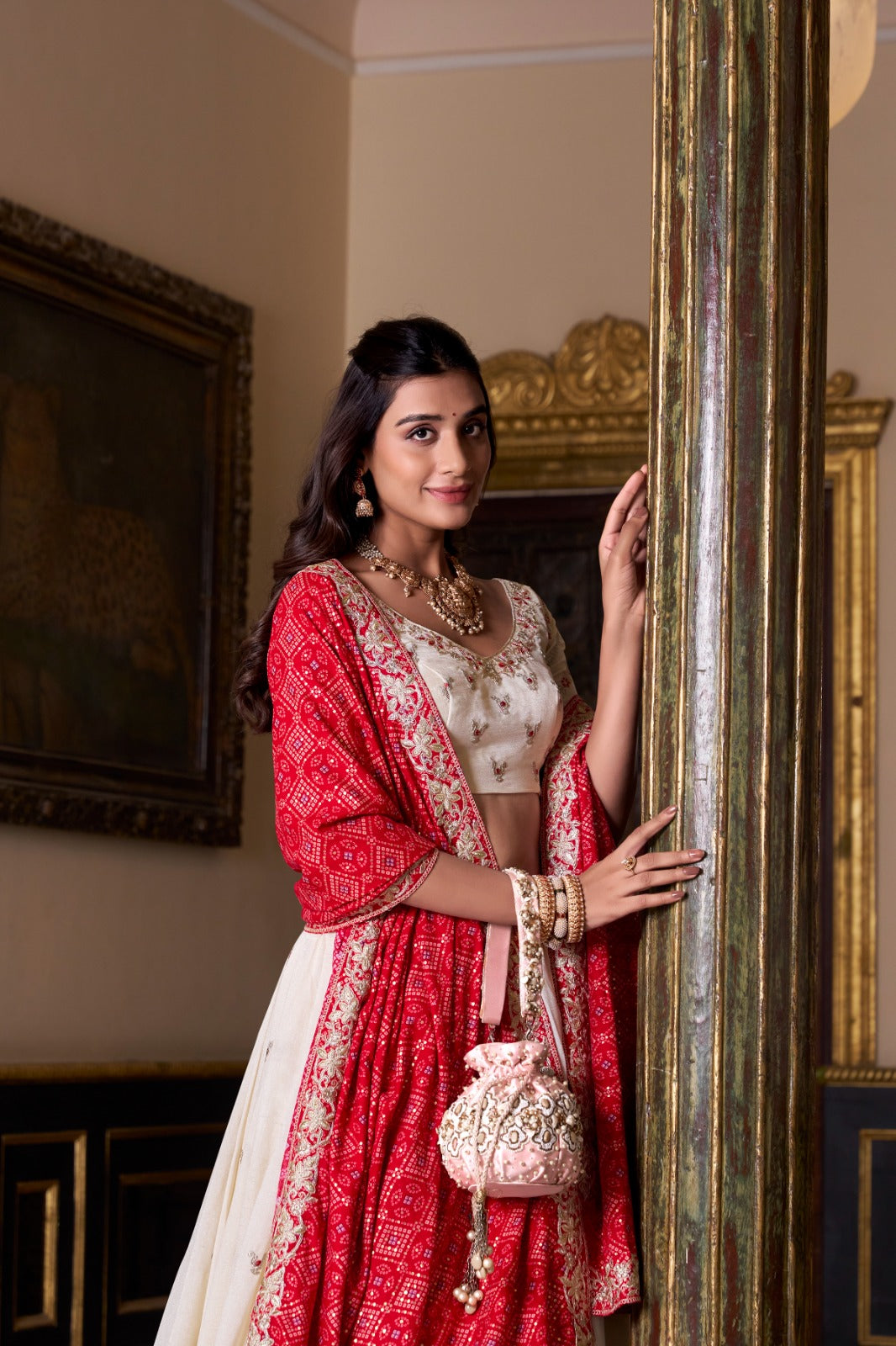 Off White Vichitra Silk Thread Sequins Worked Lehenga Choli