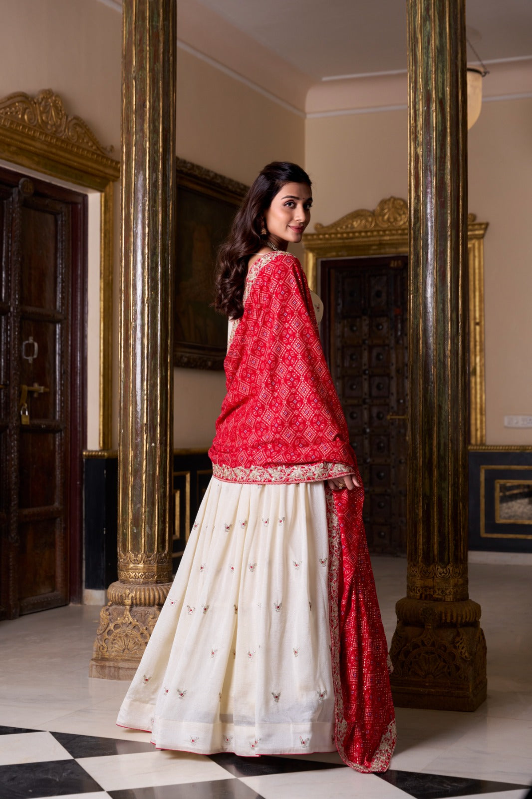 Off White Vichitra Silk Thread Sequins Worked Lehenga Choli