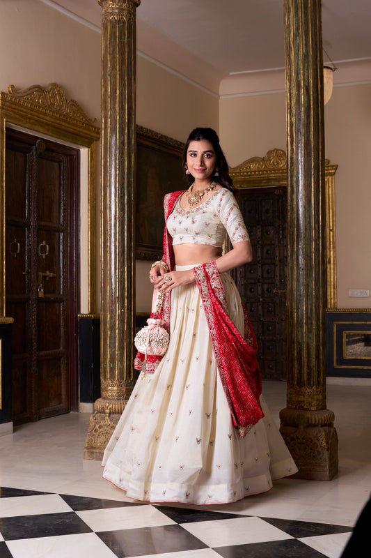 Off White Vichitra Silk Thread Sequins Worked Lehenga Choli