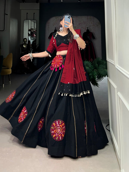 Graceful Black Pure Cotton Gamthi Worked Navratri Lehenga Choli