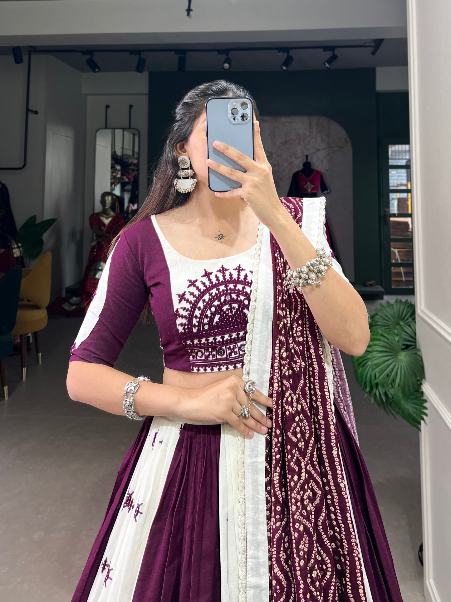 Exquisite Wine Pure Cotton Mirror Gamthi Worked Navratri Lehenga Choli