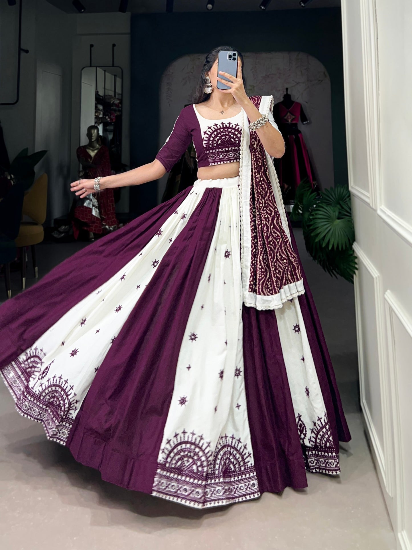 Exquisite Wine Pure Cotton Mirror Gamthi Worked Navratri Lehenga Choli