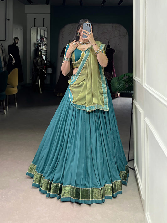 Teal Blue Pure Rayon Zari Weaving Worked Lehenga Choli