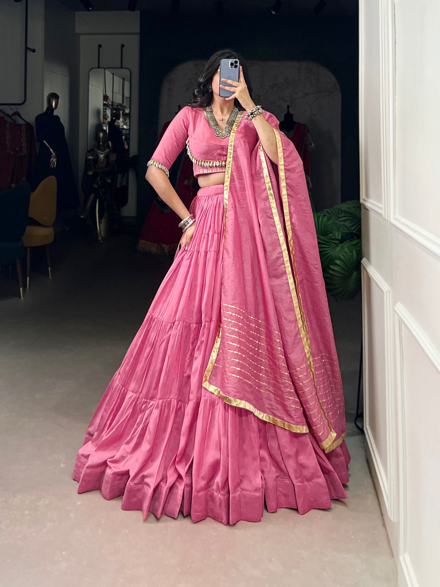 Light Pink Pure Chanderi Navratri Wear Lehenga Choli