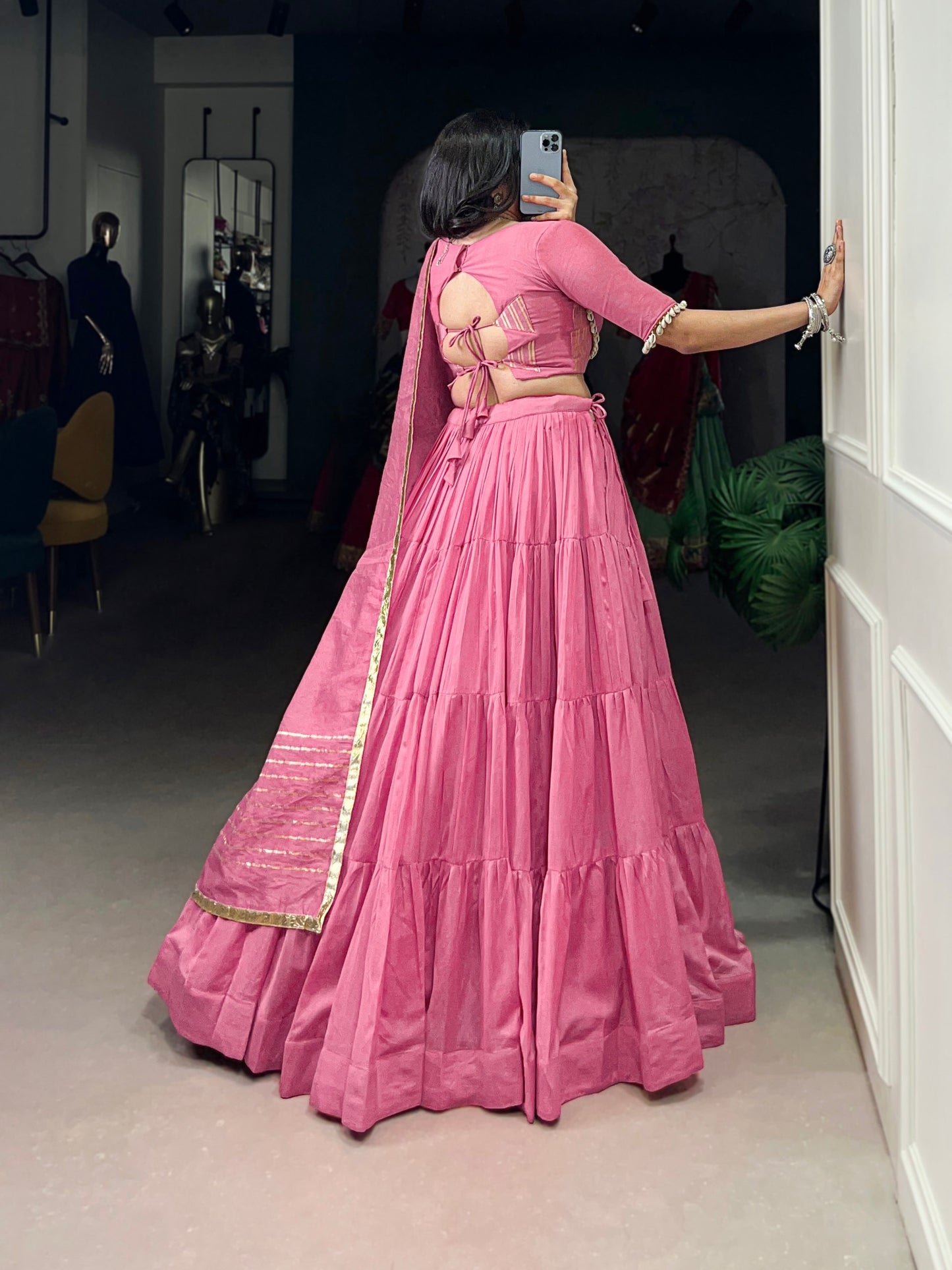 Light Pink Pure Chanderi Navratri Wear Lehenga Choli