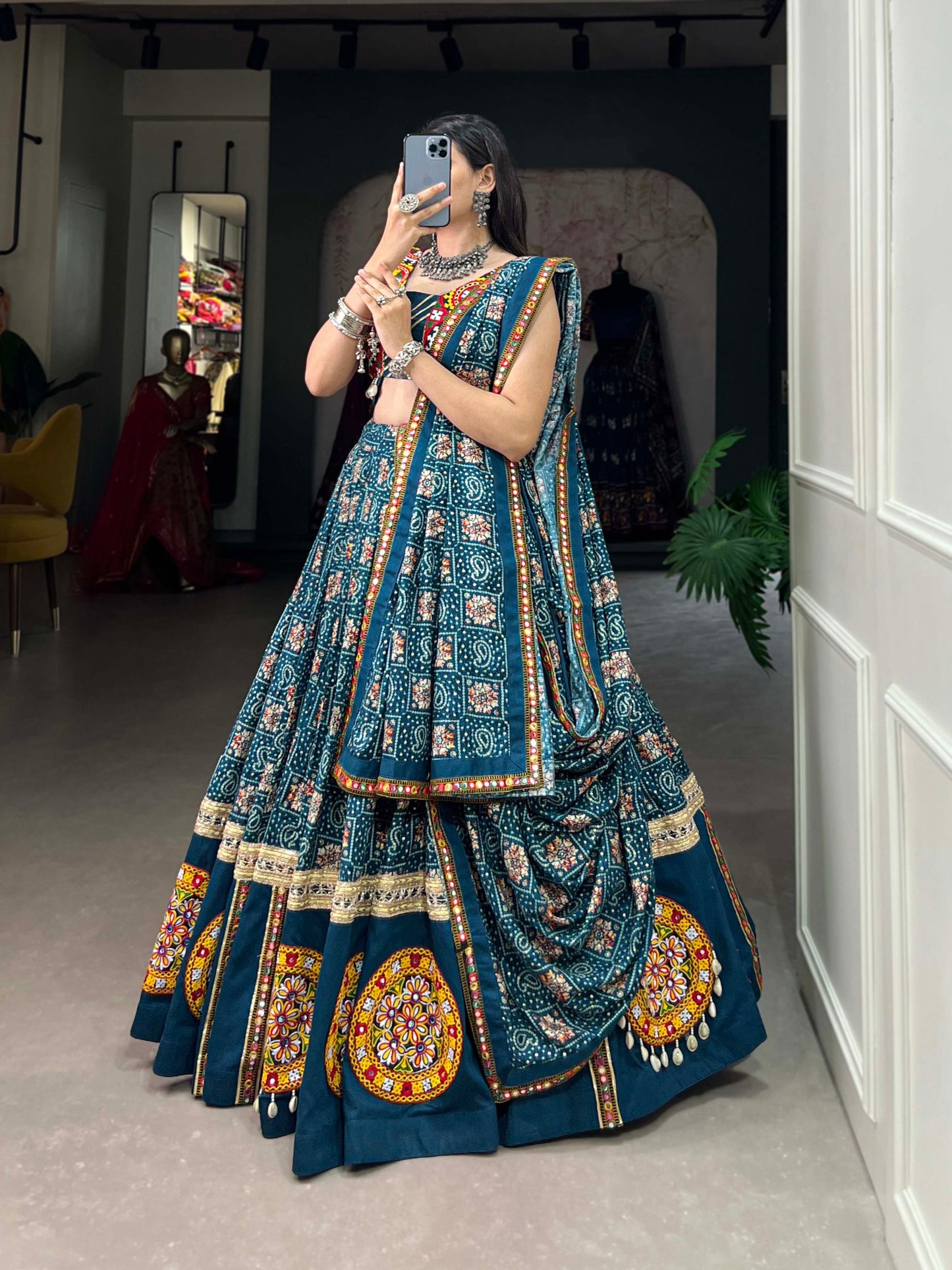 Spellbinding Teal blue Pure Cotton Gamthi Worked Navratri Lehenga Choli