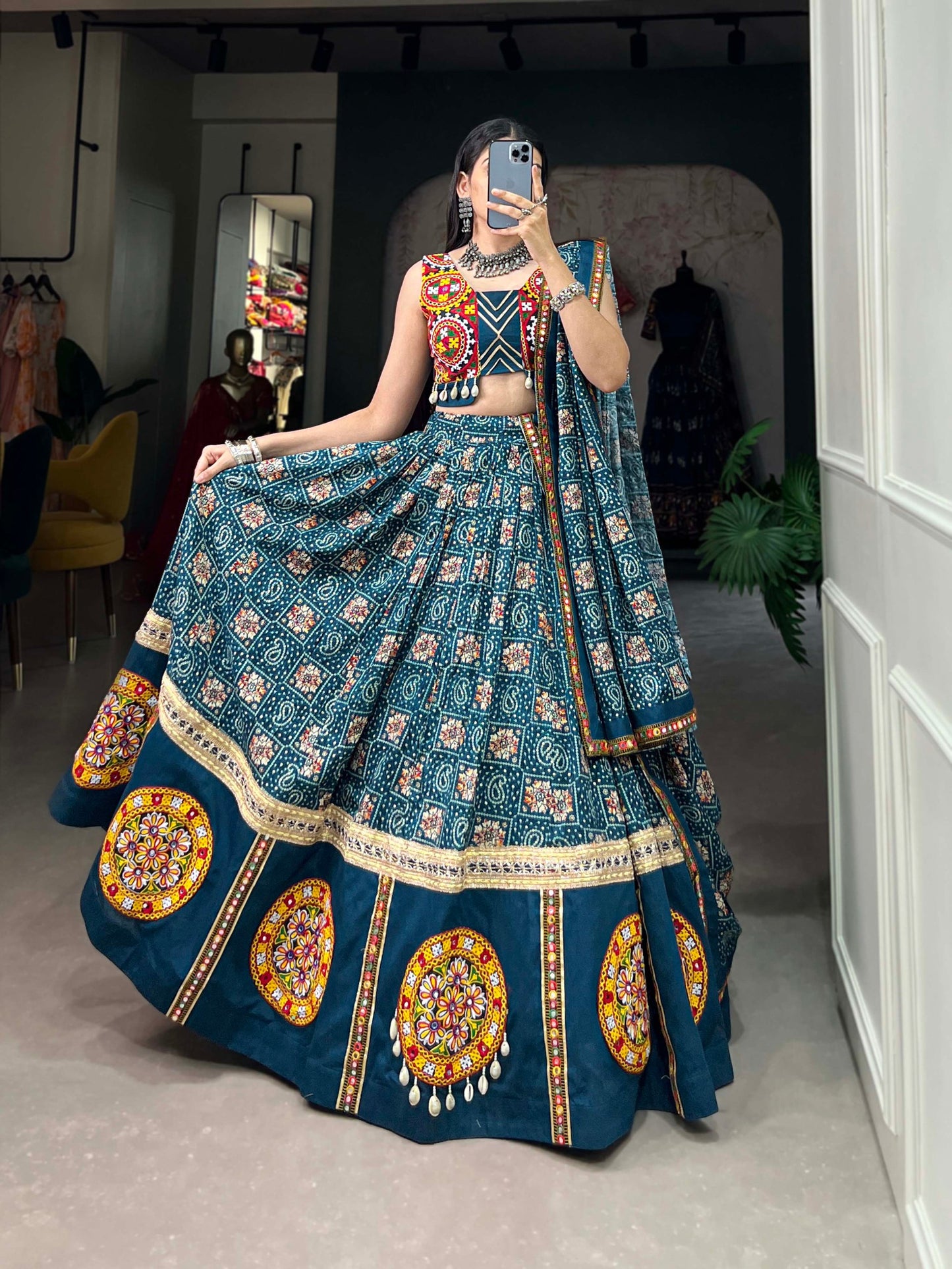 Spellbinding Teal blue Pure Cotton Gamthi Worked Navratri Lehenga Choli