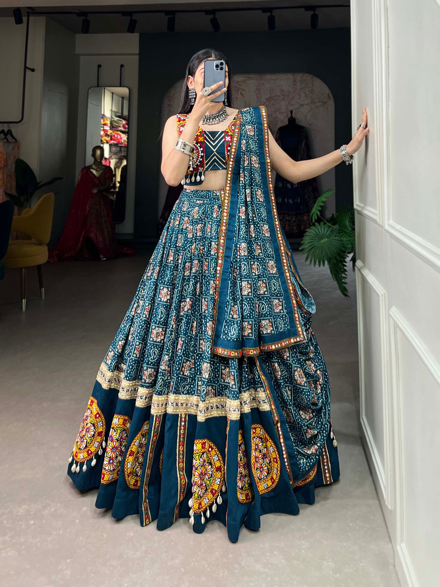 Spellbinding Teal blue Pure Cotton Gamthi Worked Navratri Lehenga Choli