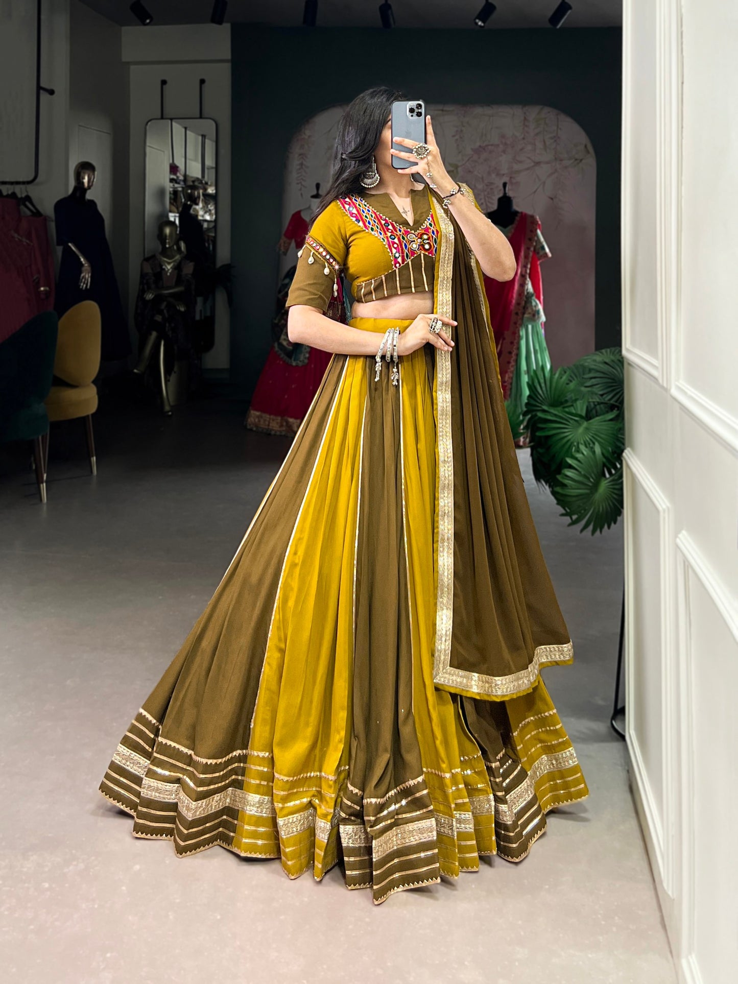 Mehendi Green Pure Rayon Navratri Wear Lehenga Choli