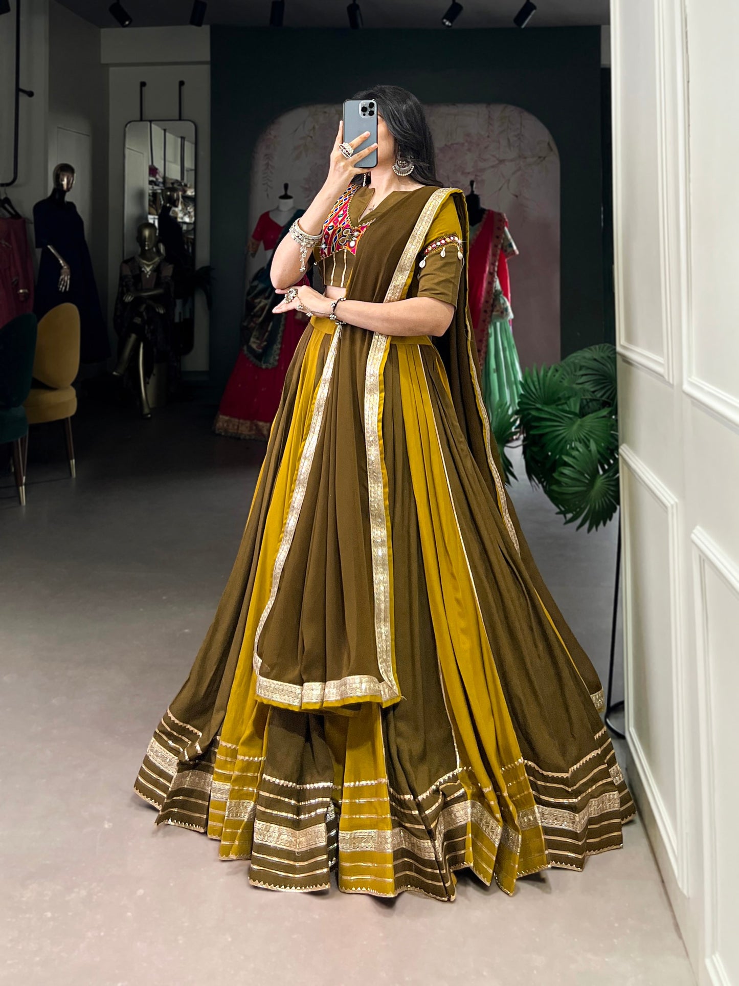 Mehendi Green Pure Rayon Navratri Wear Lehenga Choli