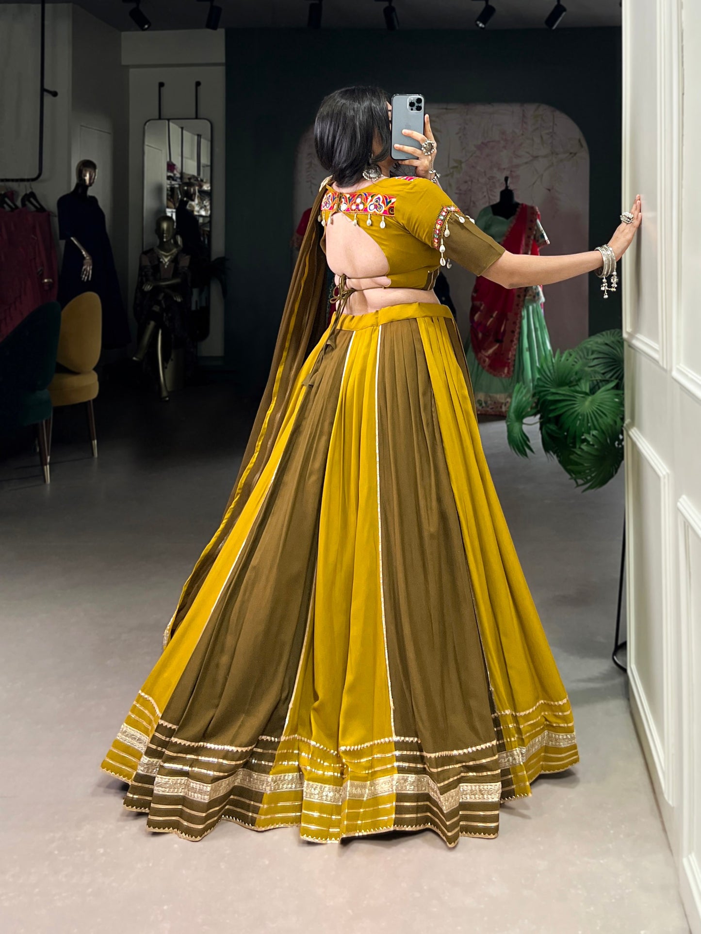 Mehendi Green Pure Rayon Navratri Wear Lehenga Choli