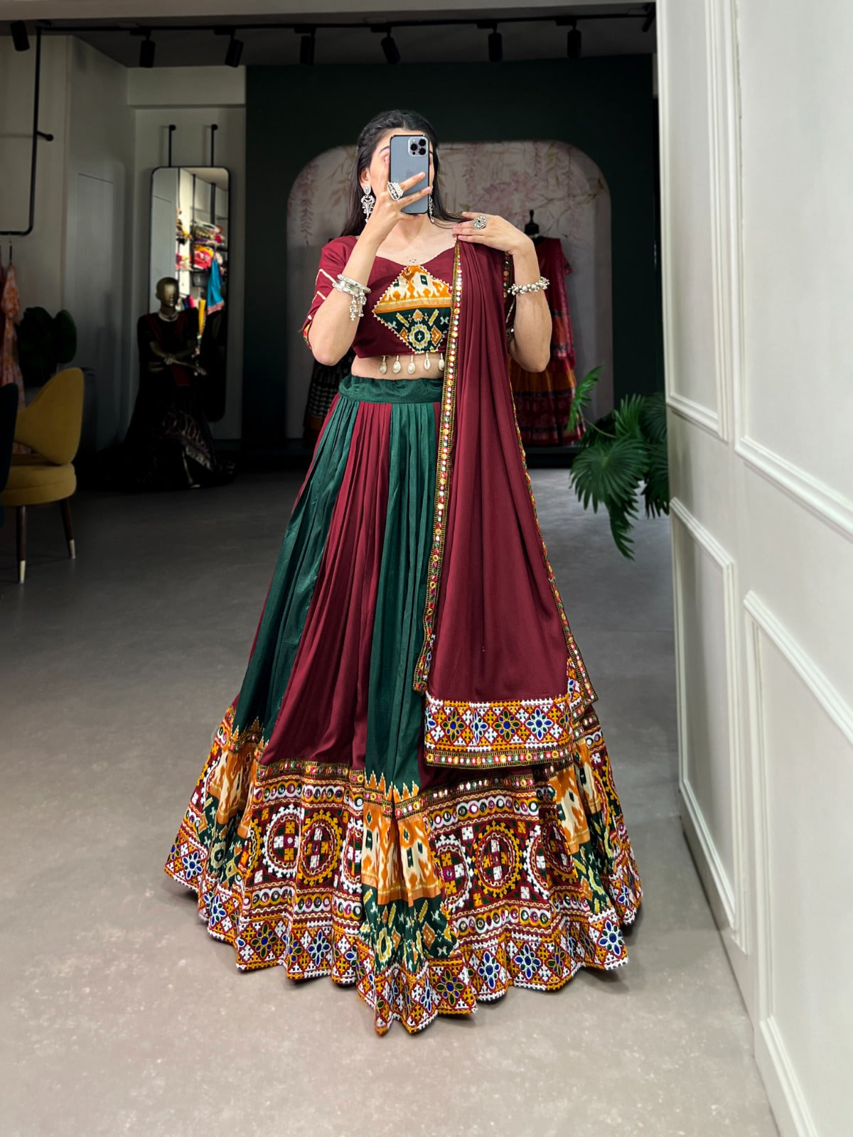 Dashing Navratri Wear Rayon Gamthi Mirror Worked Lehenga Choli - Ethnicwish