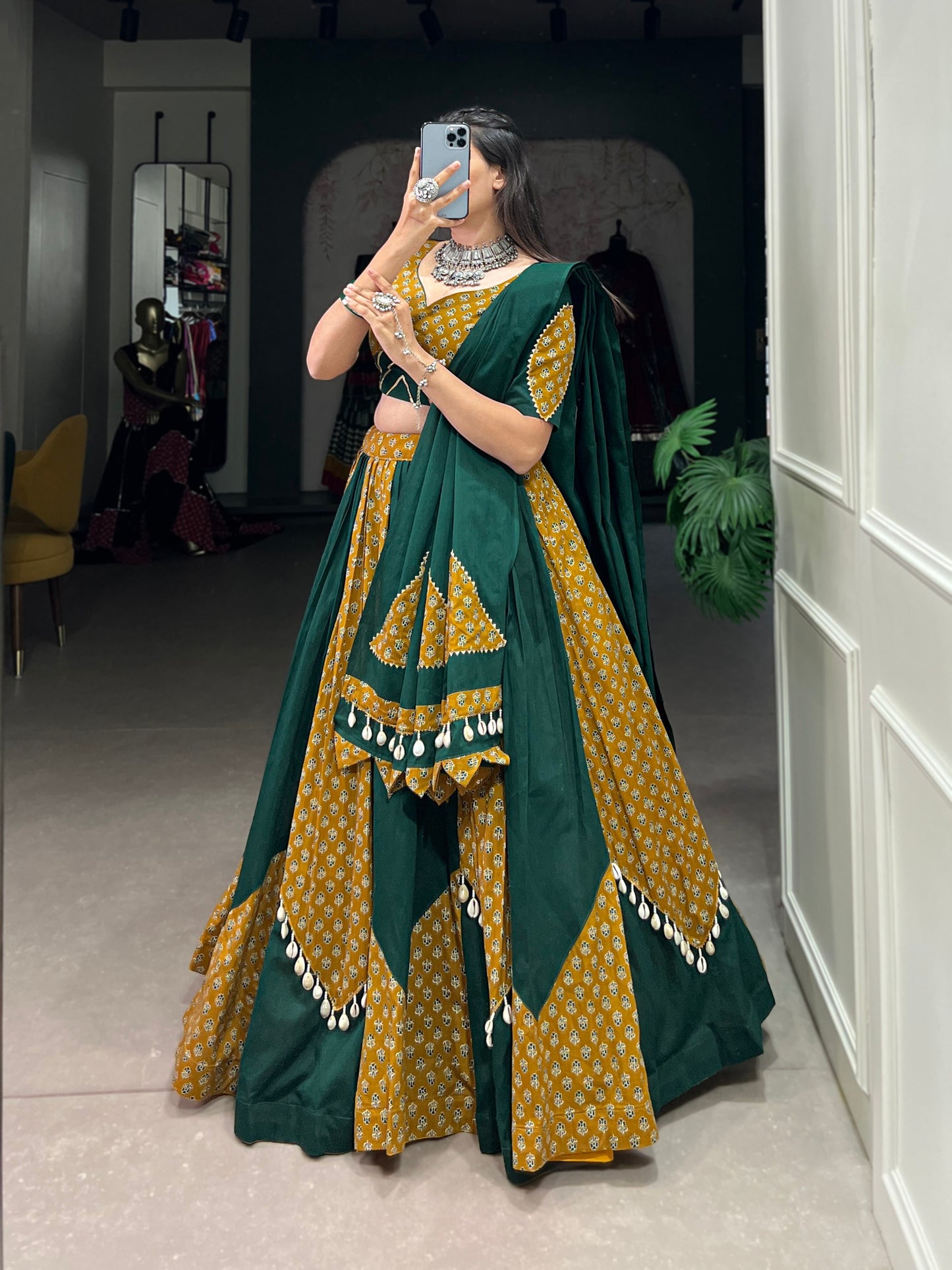 Mustard & Green Pure Cotton Fully Stitched Navratri Lehenga Choli