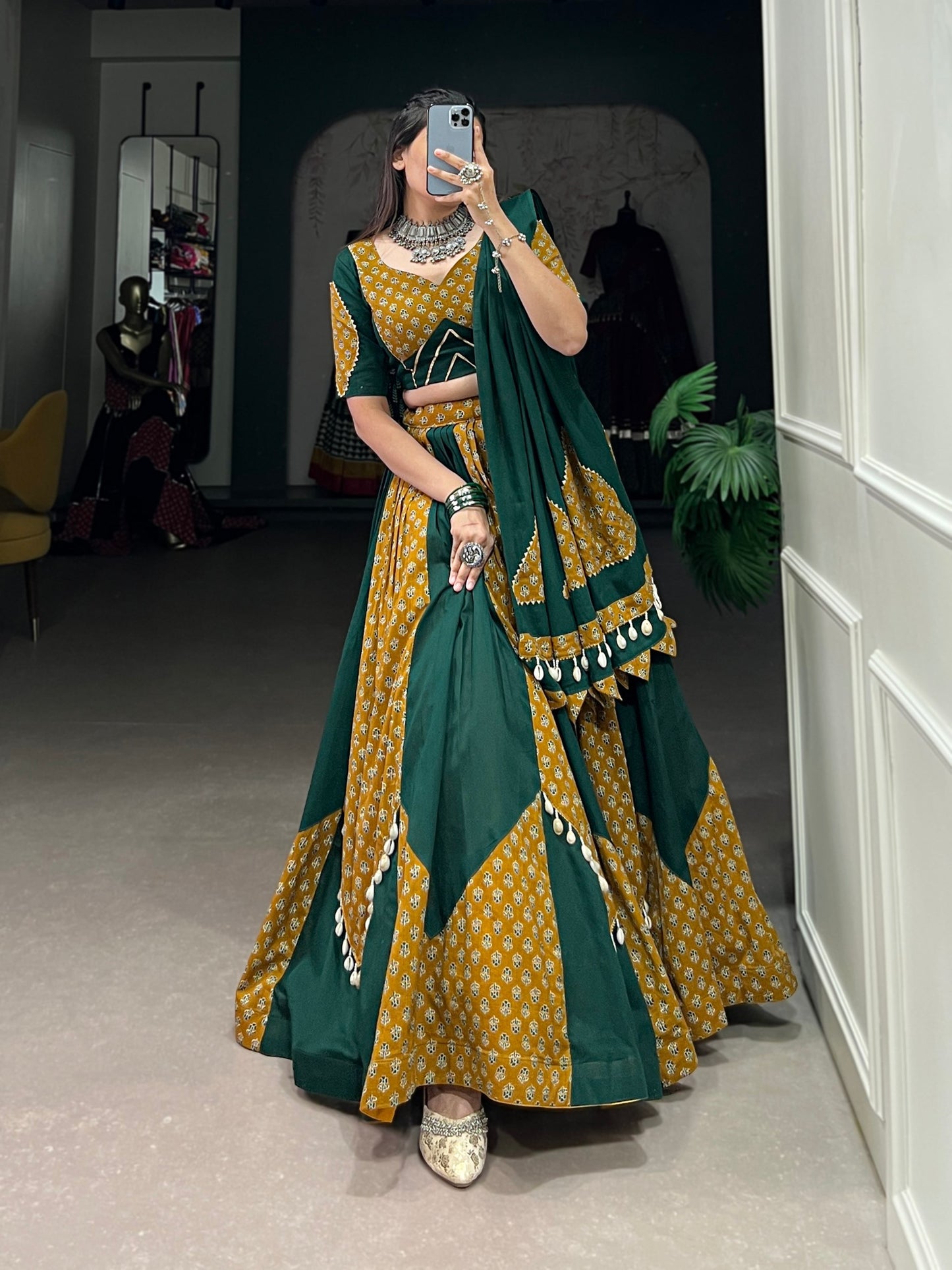 Mustard & Green Pure Cotton Fully Stitched Navratri Lehenga Choli
