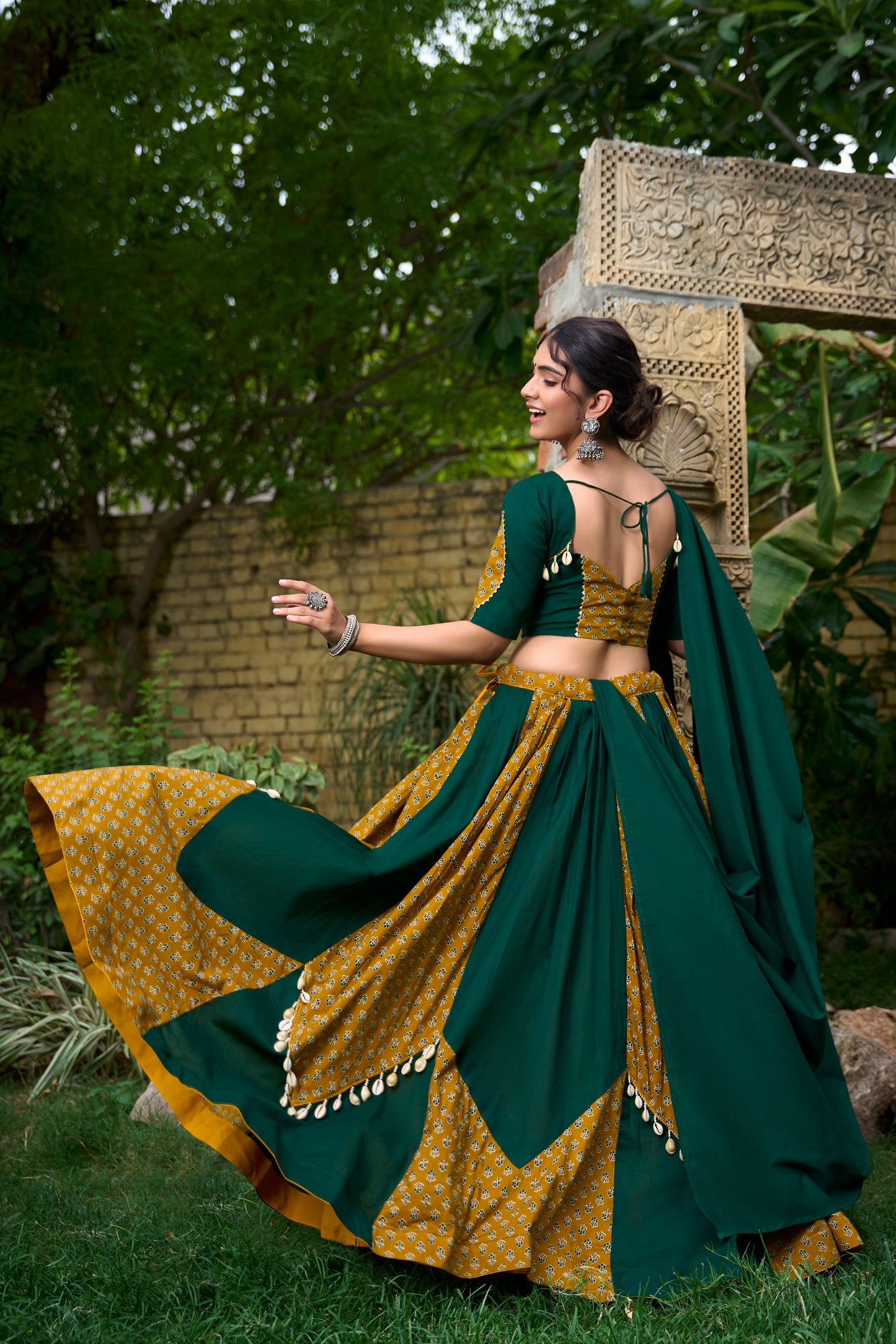 Mustard & Green Pure Cotton Fully Stitched Navratri Lehenga Choli