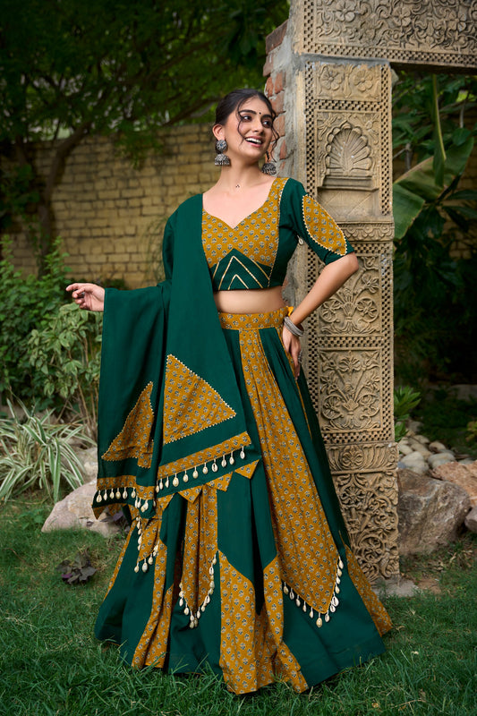 Mustard & Green Pure Cotton Fully Stitched Navratri Lehenga Choli